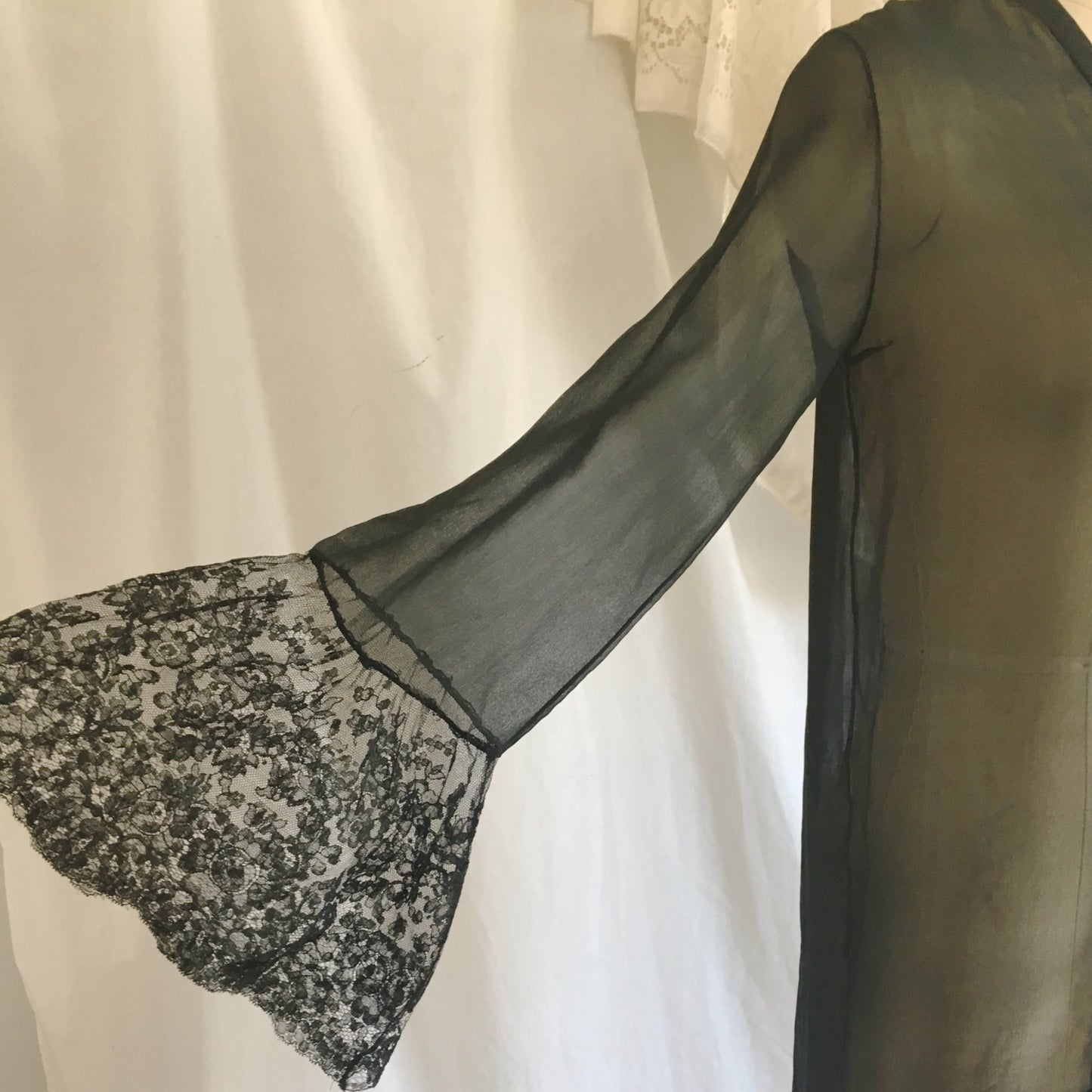 Vintage 1920's Peignoir Robe | Black Silk Chiffon & Chantilly Lace | OOAK | Size XSM - Daggers & Dames
