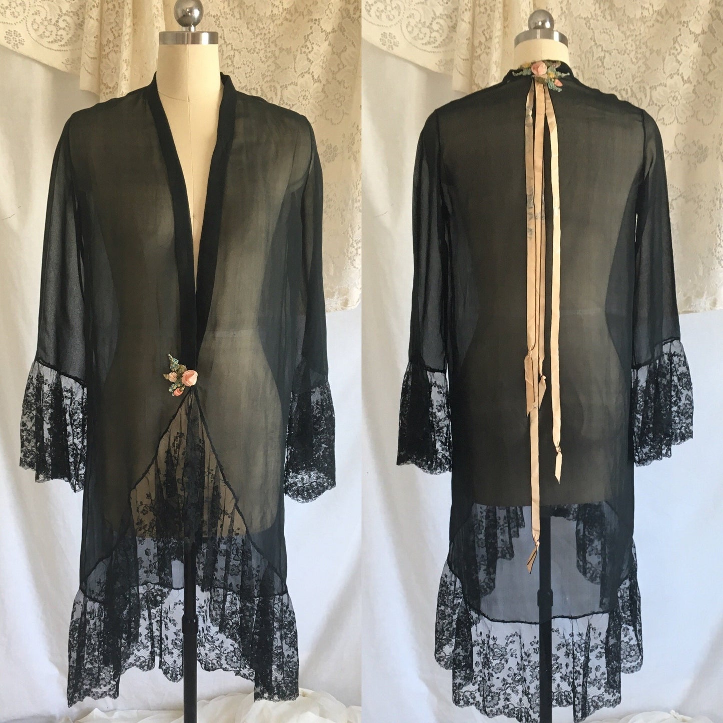 Vintage 1920's Peignoir Robe | Black Silk Chiffon & Chantilly Lace | OOAK | Size XSM - Daggers & Dames