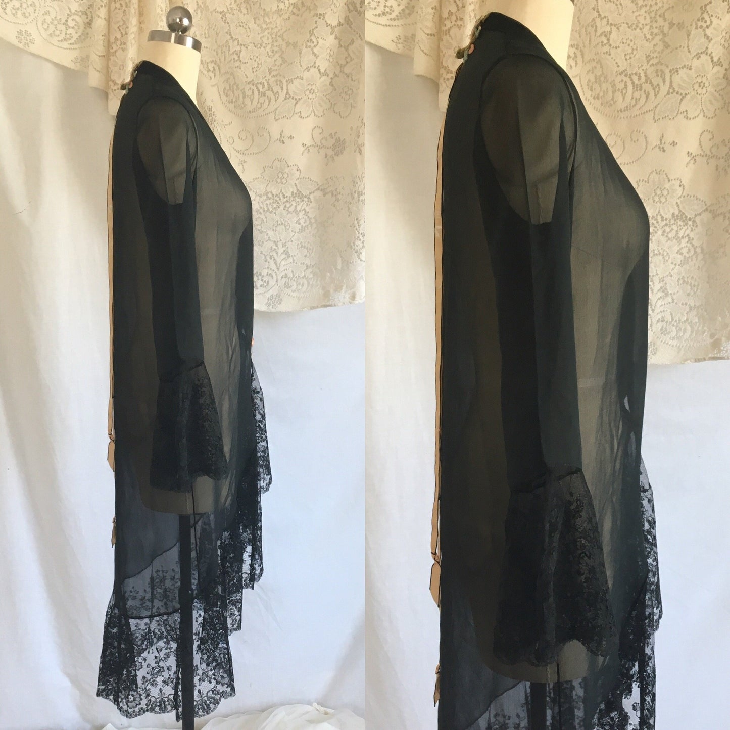 Vintage 1920's Peignoir Robe | Black Silk Chiffon & Chantilly Lace | OOAK | Size XSM - Daggers & Dames