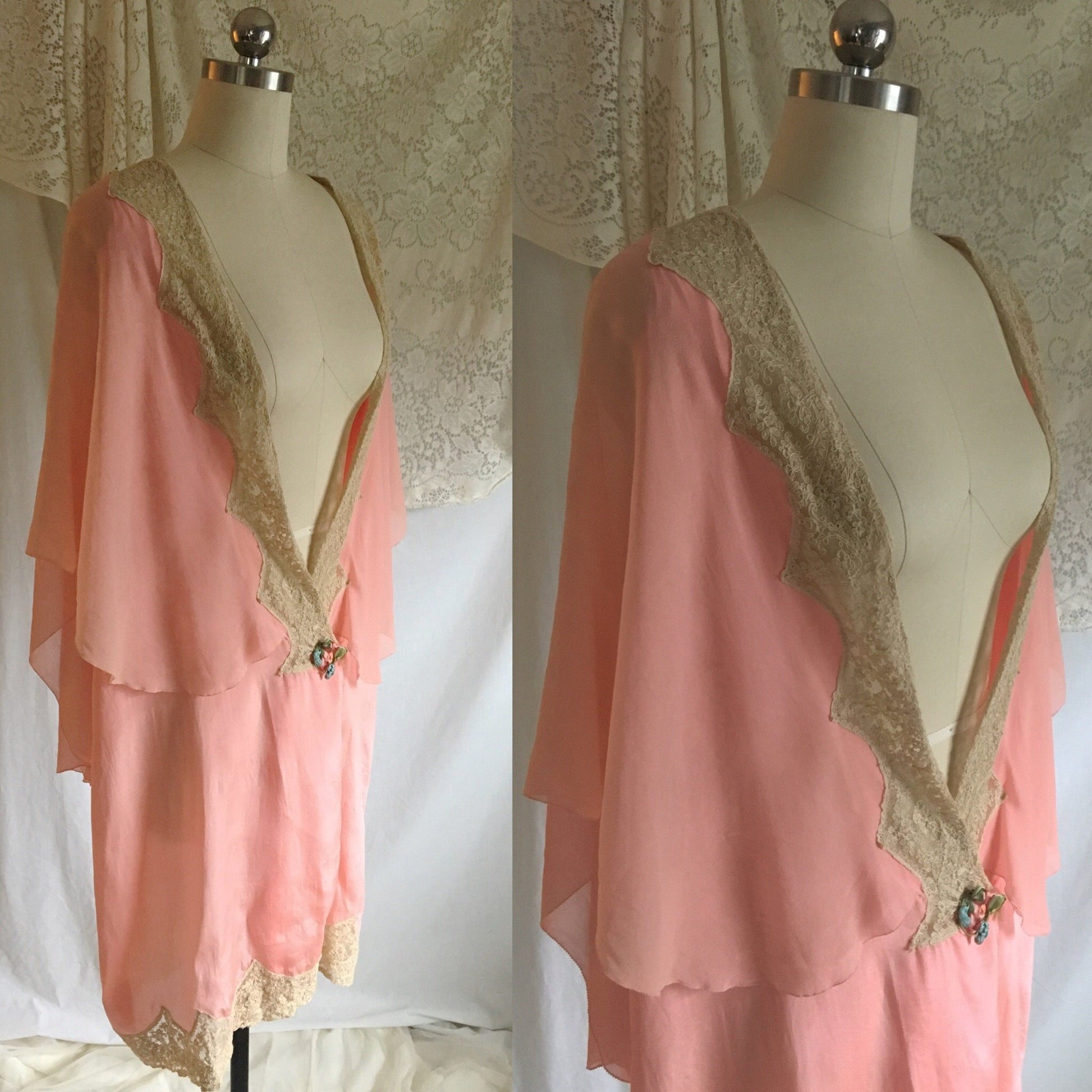 Vintage 1920's Peignoir | Rosy Pink Silk Crepe with Tambour Lace Embroidery | Size XS, S, M - Daggers & Dames