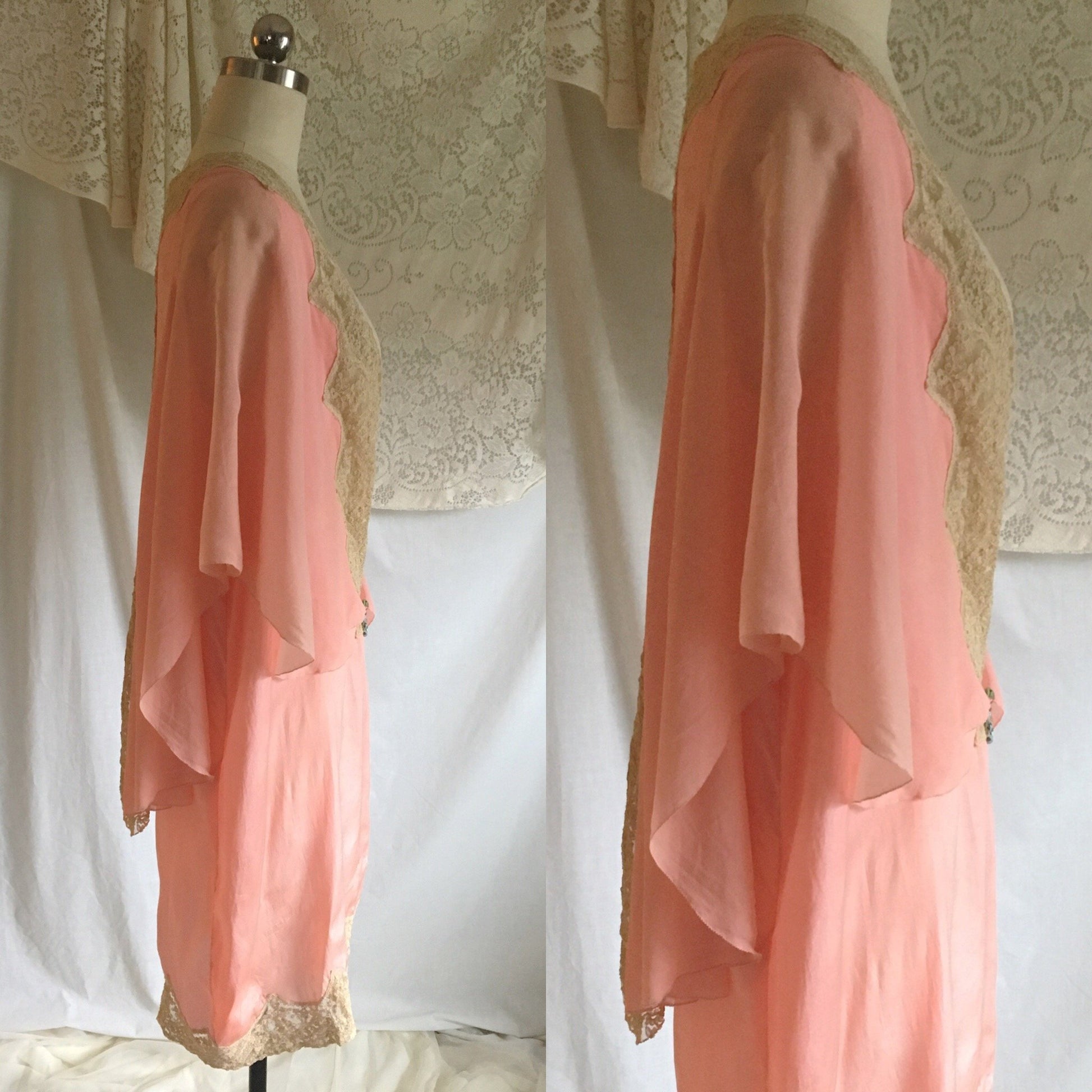 Vintage 1920's Peignoir | Rosy Pink Silk Crepe with Tambour Lace Embroidery | Size XS, S, M - Daggers & Dames