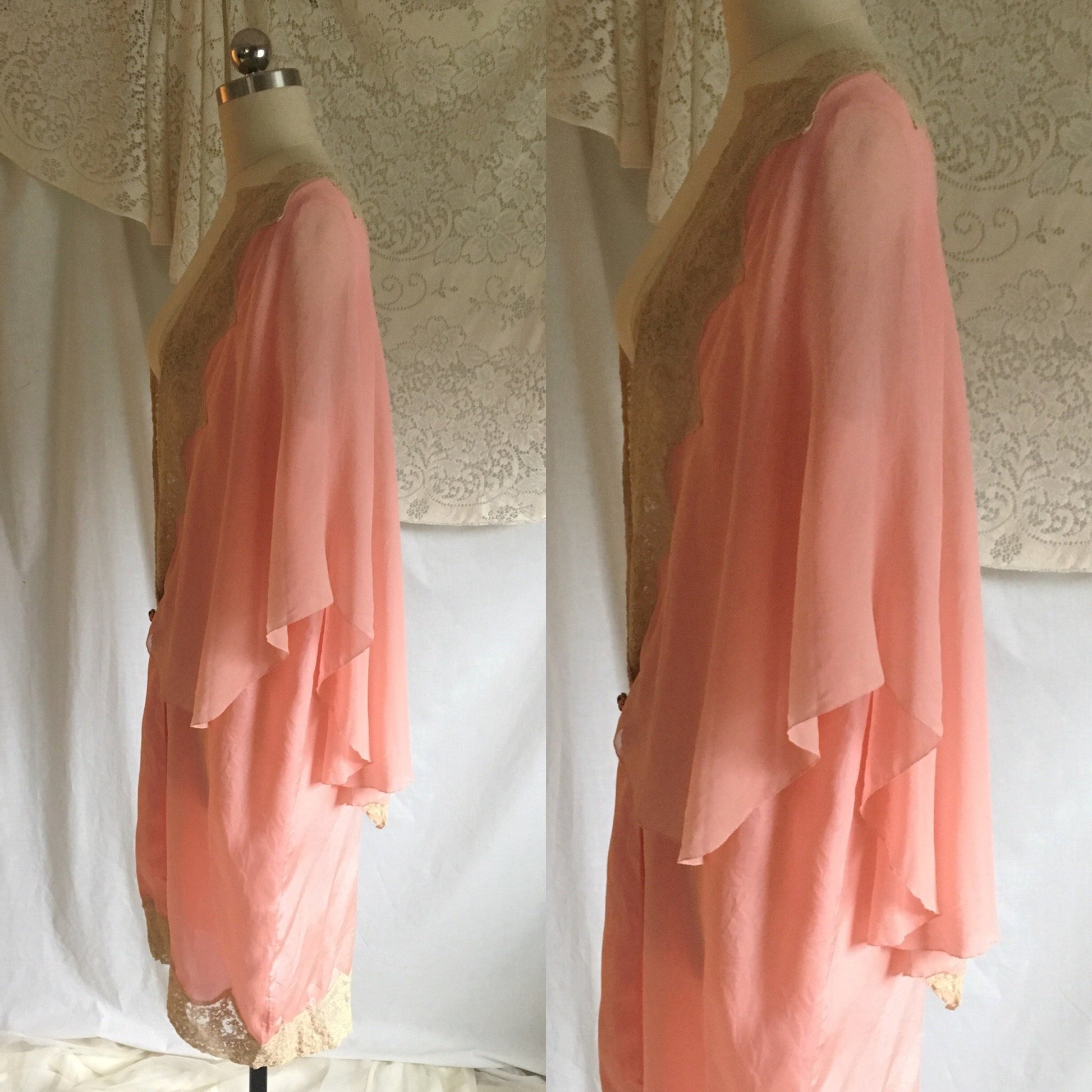 Vintage 1920's Peignoir | Rosy Pink Silk Crepe with Tambour Lace Embroidery | Size XS, S, M - Daggers & Dames