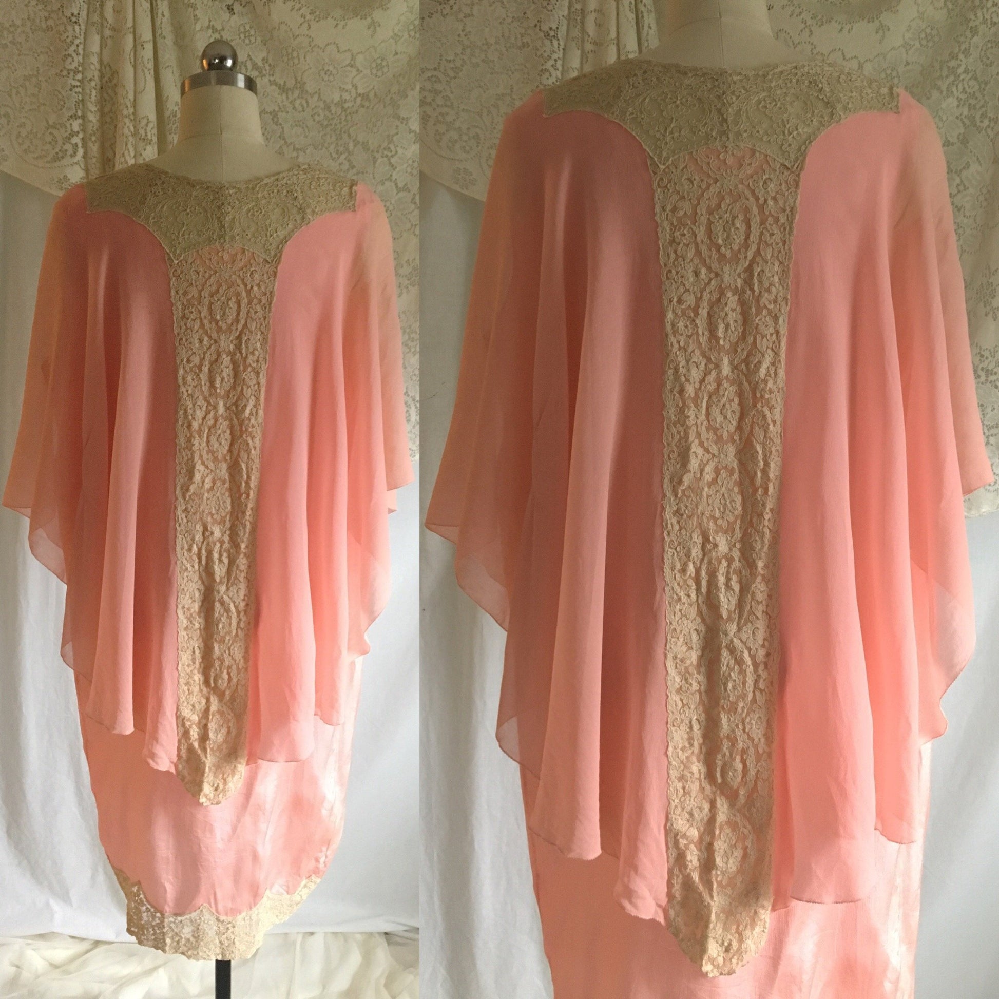 Vintage 1920's Peignoir | Rosy Pink Silk Crepe with Tambour Lace Embroidery | Size XS, S, M - Daggers & Dames