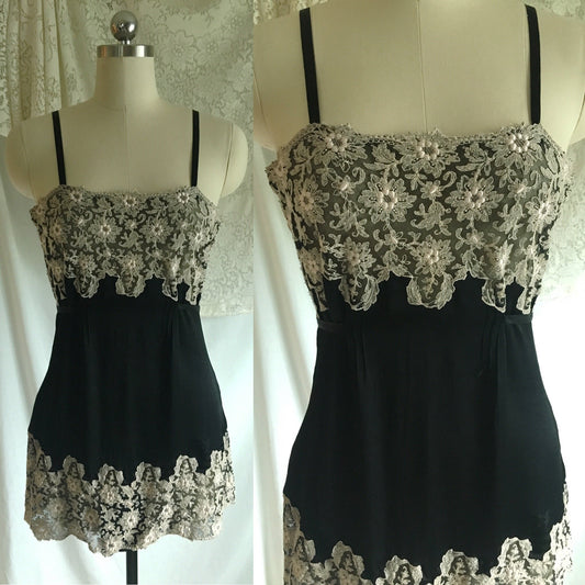 Vintage 1920's Step In Chemise | Black Silk Charmeuse with Silvery White Tambour Lace Embroidery | Size S, M - Daggers & Dames