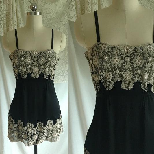 Vintage 1920's Step In Chemise | Black Silk Charmeuse with Silvery White Tambour Lace Embroidery | Size S, M - Daggers & Dames