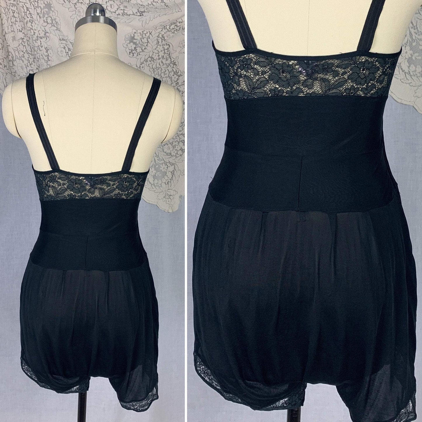 Vintage 1920's Step In Chemise | Inky Black Silk Knit with Chantilly Lace | Size XS Petite | Kickernick - Daggers & Dames