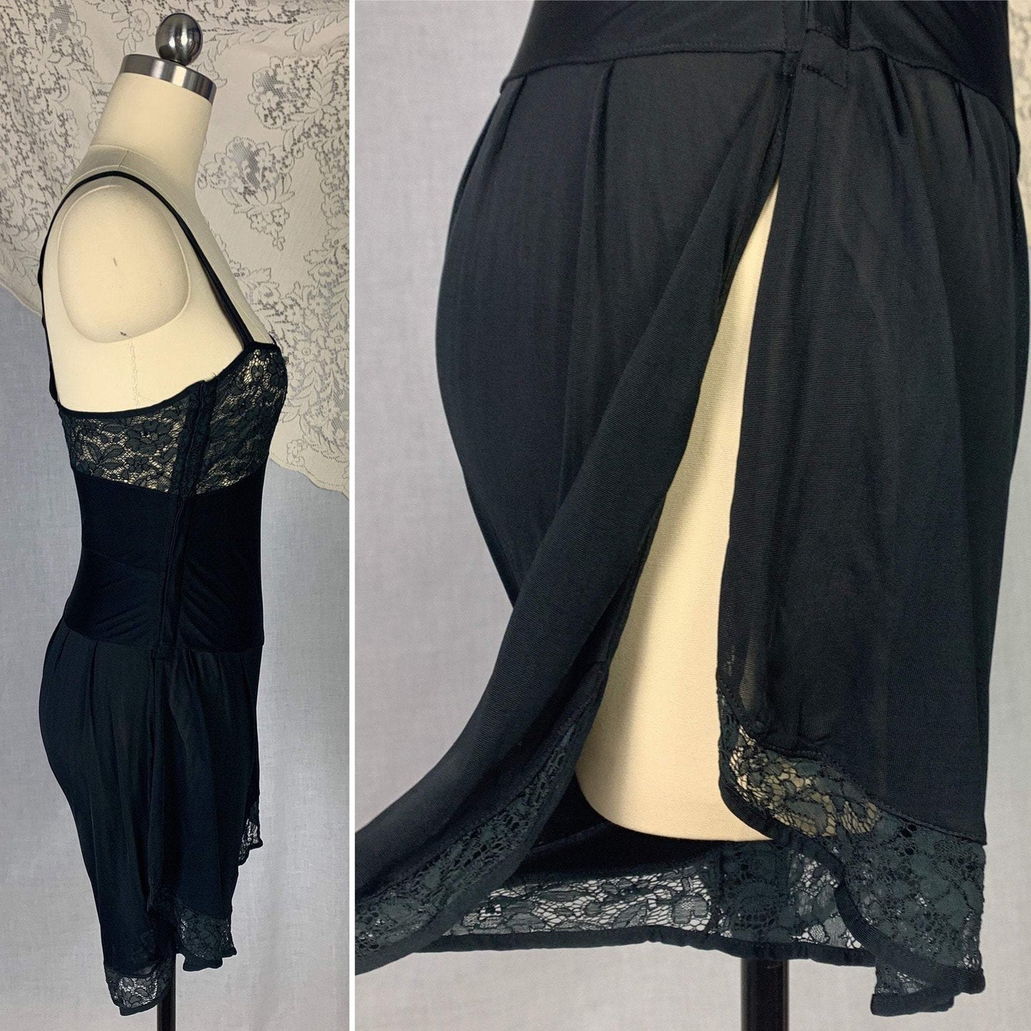 Vintage 1920's Step In Chemise | Inky Black Silk Knit with Chantilly Lace | Size XS Petite | Kickernick - Daggers & Dames