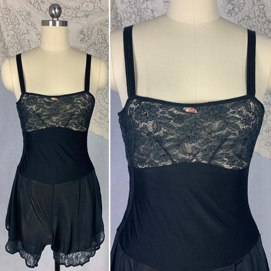 Vintage 1920's Step In Chemise | Inky Black Silk Knit with Chantilly Lace | Size XS Petite | Kickernick - Daggers & Dames