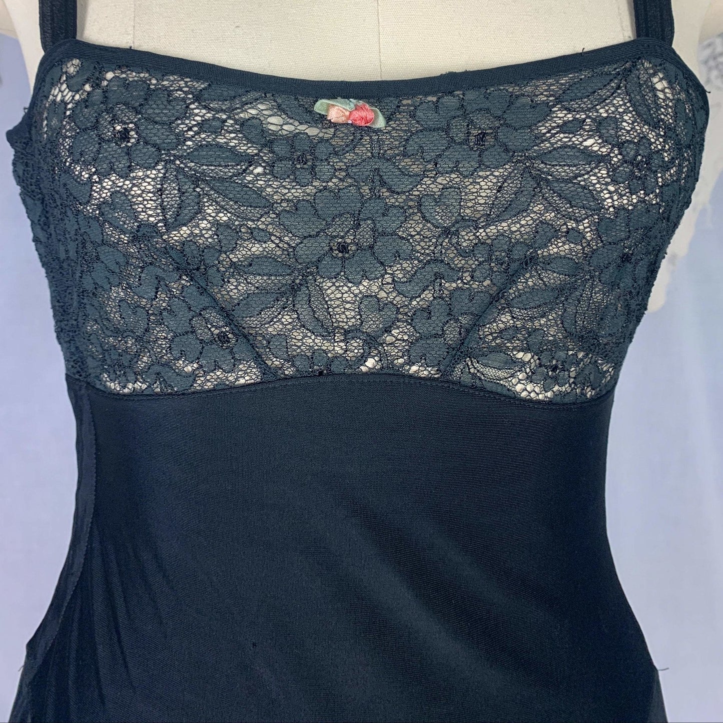 Vintage 1920's Step In Chemise | Inky Black Silk Knit with Chantilly Lace | Size XS Petite | Kickernick - Daggers & Dames