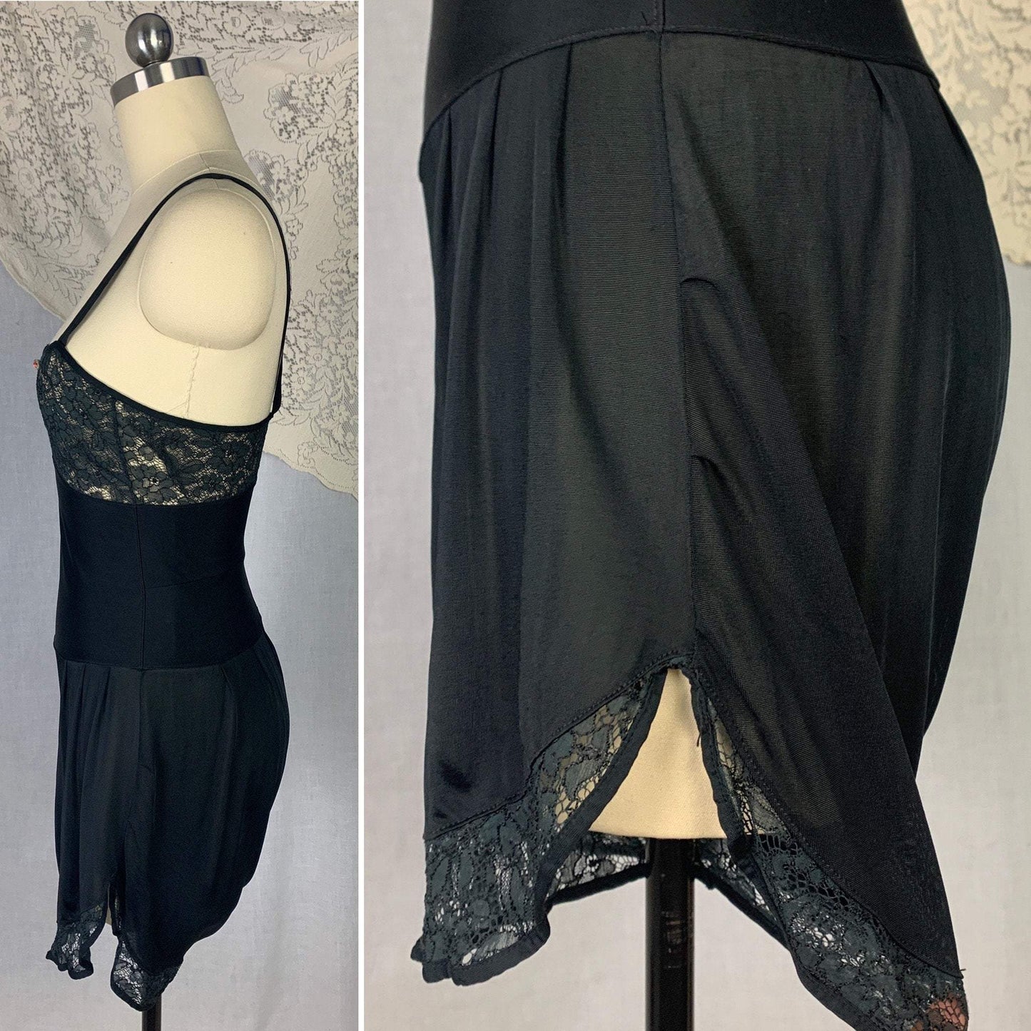 Vintage 1920's Step In Chemise | Inky Black Silk Knit with Chantilly Lace | Size XS Petite | Kickernick - Daggers & Dames