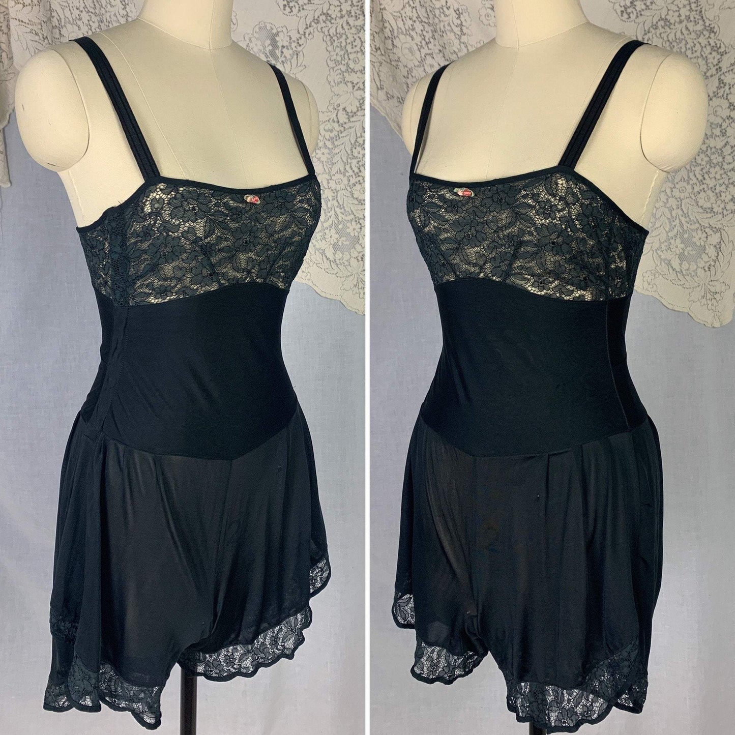 Vintage 1920's Step In Chemise | Inky Black Silk Knit with Chantilly Lace | Size XS Petite | Kickernick - Daggers & Dames