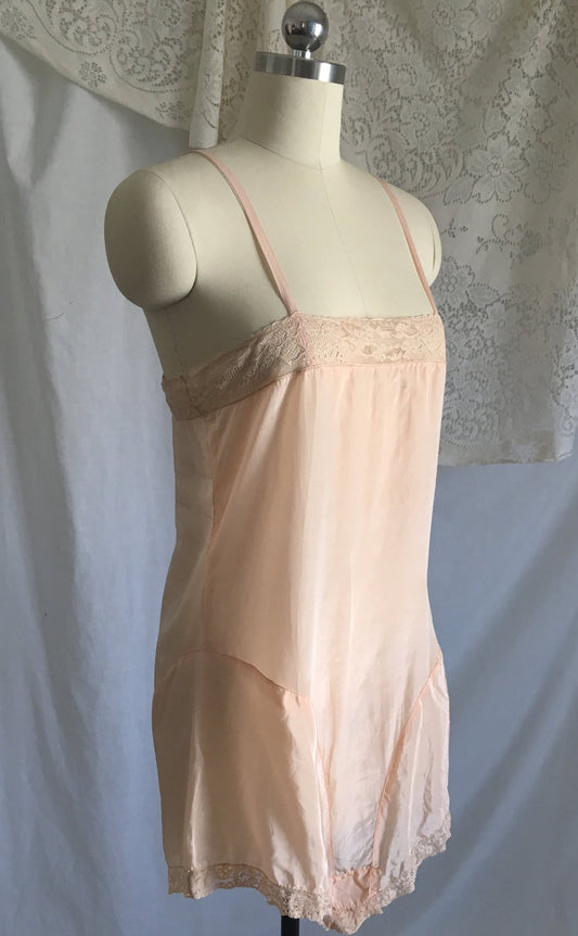 Vintage 1920's Step In Chemise | Light Pink Silk with French Finish & Ecru Lace | New Old Stock | Flapper Teddy | 20s Lingerie | Size XS - Daggers & Dames