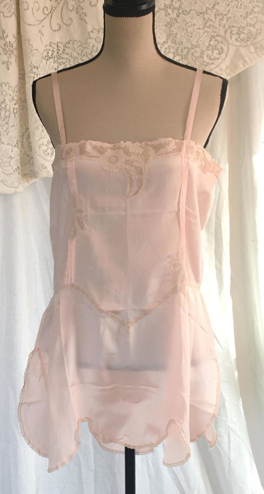 Vintage 1920's Step In Chemise | Pink Silk Crepe & Ivory Lace | Size M - LG - Daggers & Dames