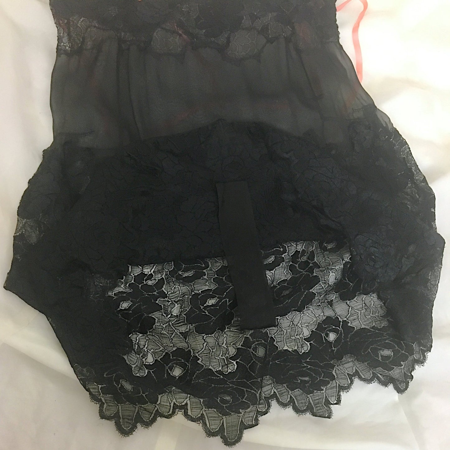 Vintage 1920's Step-in Chemise | Sheer Black Chiffon with Rose Chantilly Lace & Pink Silk Ribbon | Size S - Daggers & Dames