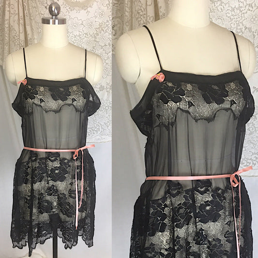 Vintage 1920's Step-in Chemise | Sheer Black Chiffon with Rose Chantilly Lace & Pink Silk Ribbon | Size S - Daggers & Dames