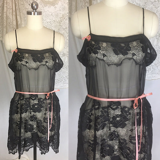 Vintage 1920's Step-in Chemise | Sheer Black Chiffon with Rose Chantilly Lace & Pink Silk Ribbon | Size S - Daggers & Dames