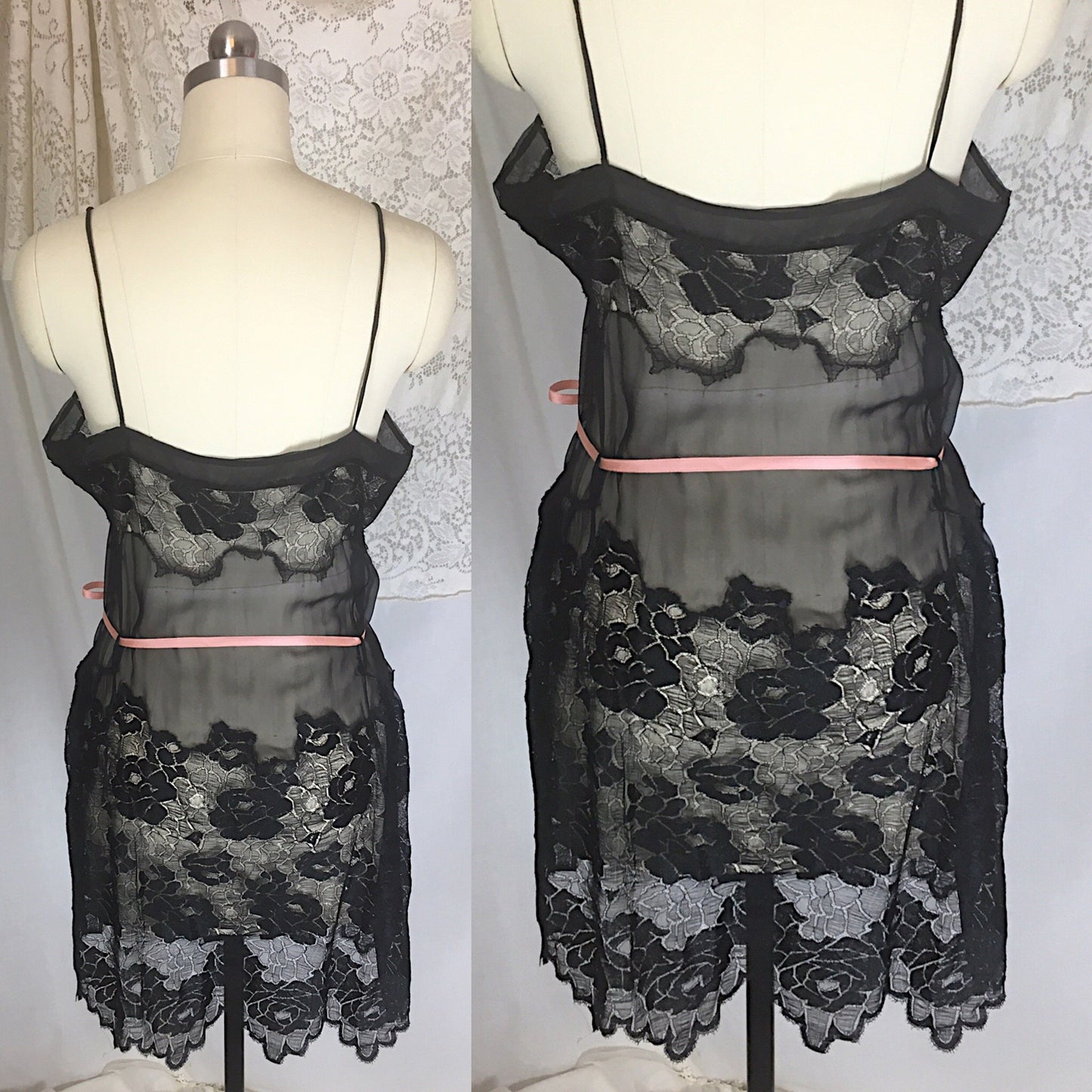 Vintage 1920's Step-in Chemise | Sheer Black Chiffon with Rose Chantilly Lace & Pink Silk Ribbon | Size S - Daggers & Dames