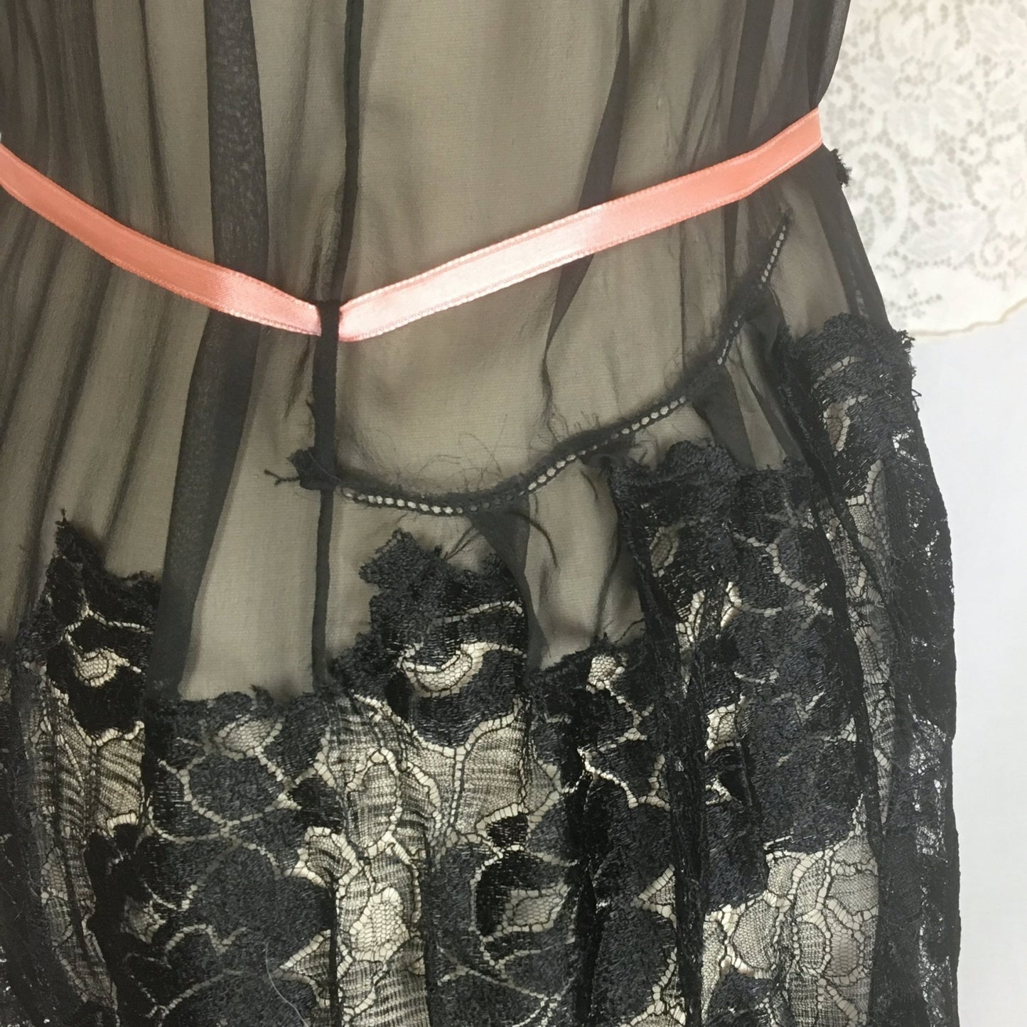 Vintage 1920's Step-in Chemise | Sheer Black Chiffon with Rose Chantilly Lace & Pink Silk Ribbon | Size S - Daggers & Dames