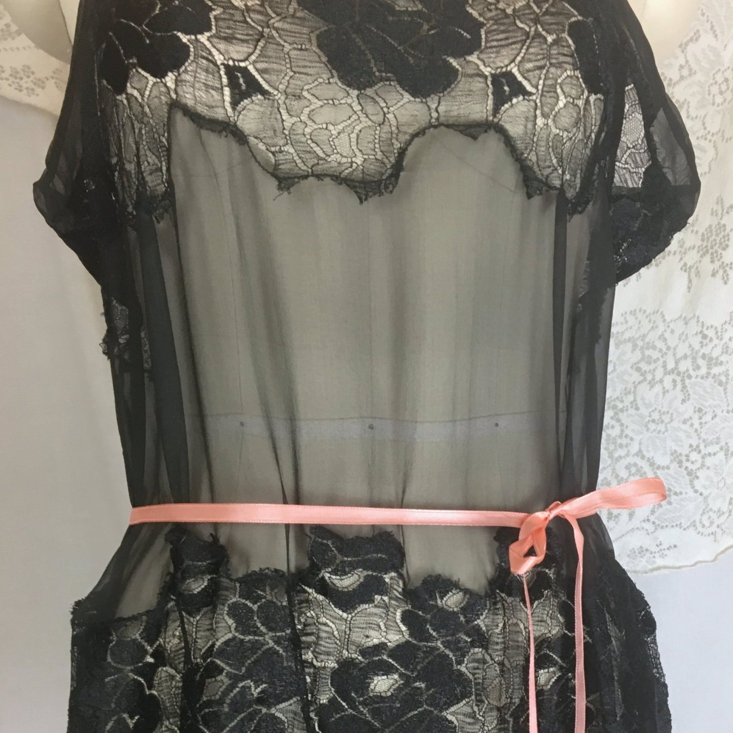 Vintage 1920's Step-in Chemise | Sheer Black Chiffon with Rose Chantilly Lace & Pink Silk Ribbon | Size S - Daggers & Dames