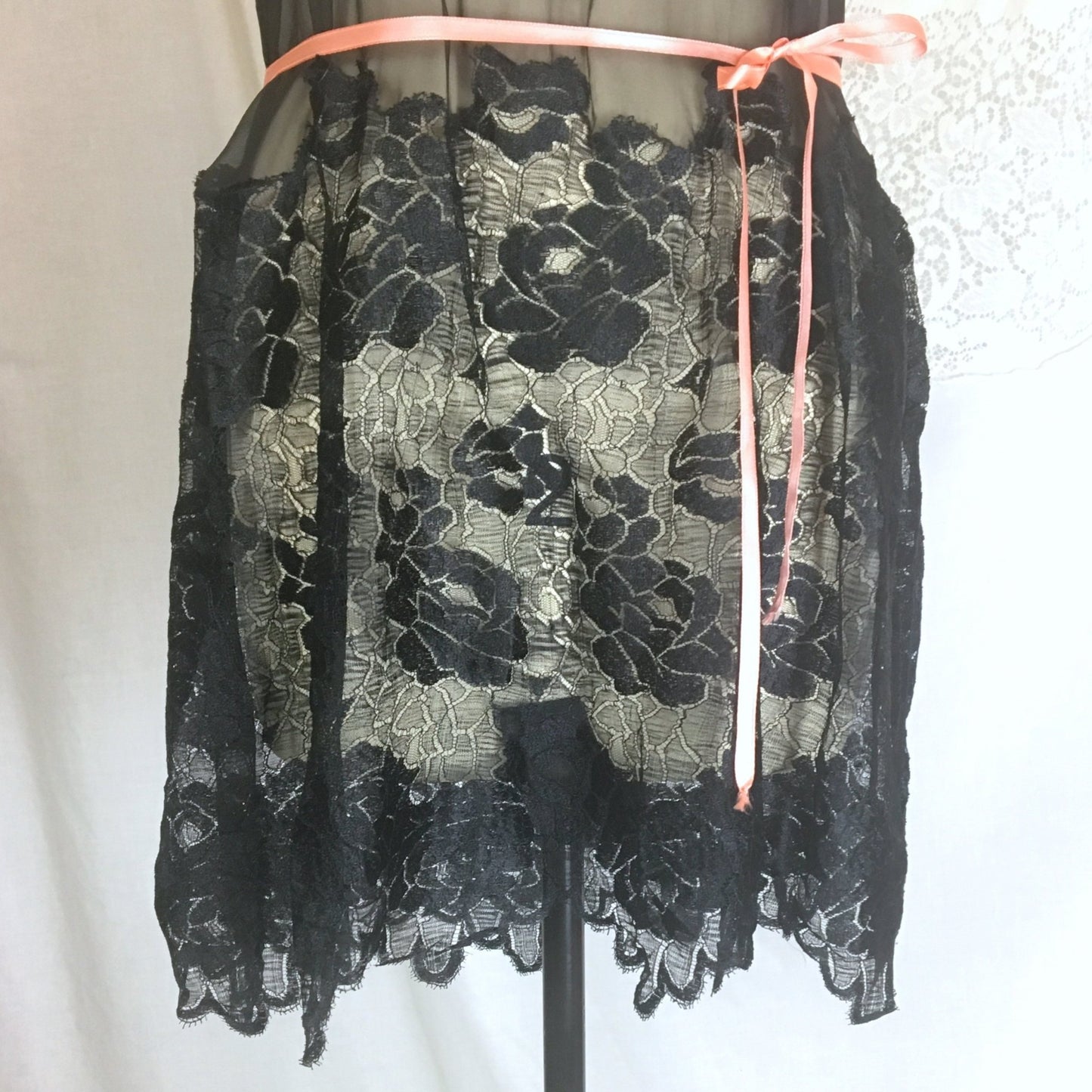 Vintage 1920's Step-in Chemise | Sheer Black Chiffon with Rose Chantilly Lace & Pink Silk Ribbon | Size S - Daggers & Dames