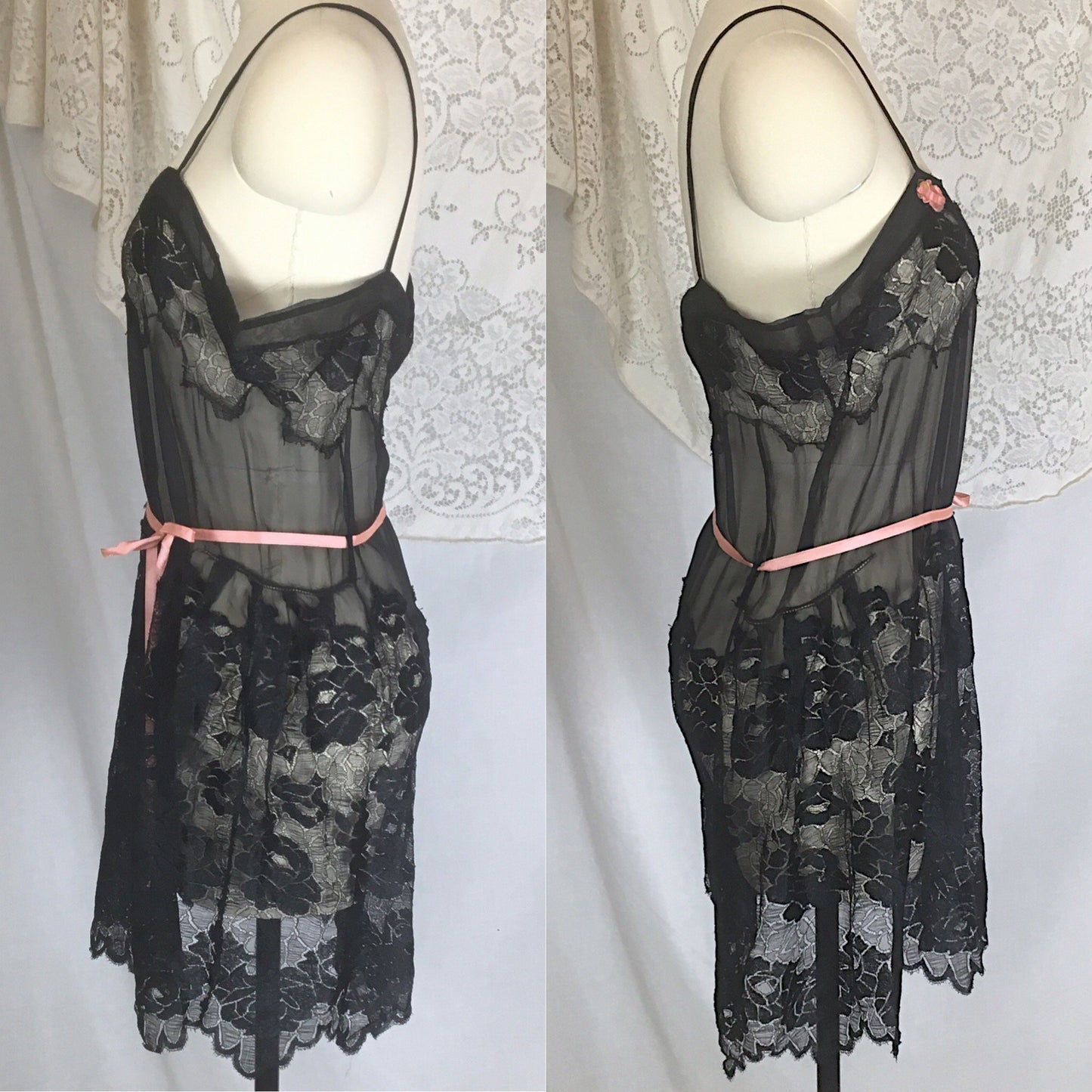 Vintage 1920's Step-in Chemise | Sheer Black Chiffon with Rose Chantilly Lace & Pink Silk Ribbon | Size S - Daggers & Dames