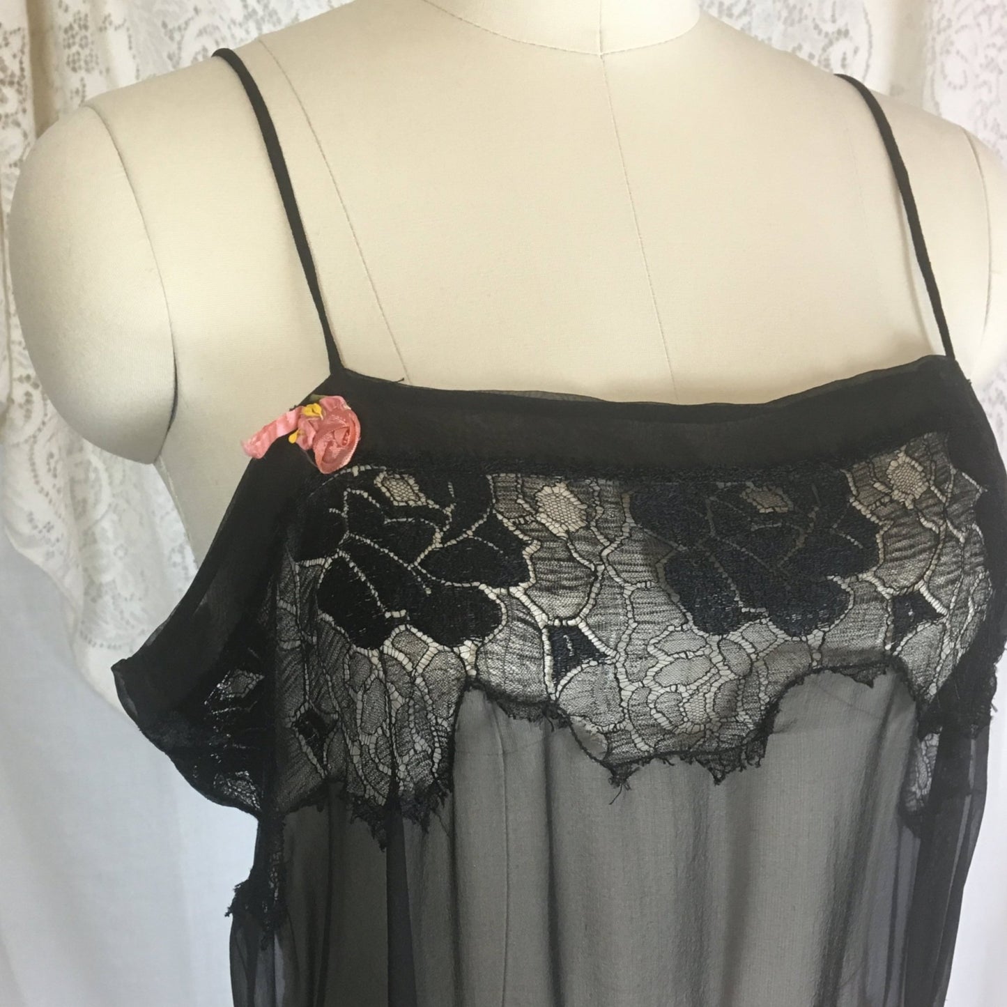 Vintage 1920's Step-in Chemise | Sheer Black Chiffon with Rose Chantilly Lace & Pink Silk Ribbon | Size S - Daggers & Dames