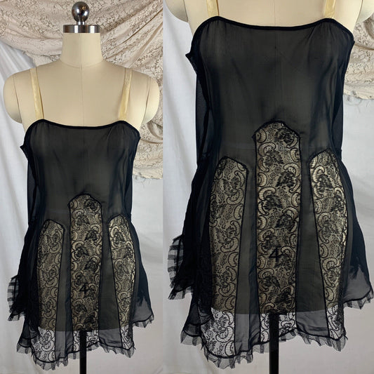 Vintage 1920's Step-in Chemise | Sheer Black Silk Chiffon with Chantilly Lace & Ivory Ribbon Straps | Never Worn | Size SM, MED - Daggers & Dames