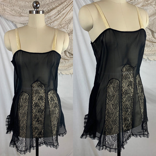 Vintage 1920's Step-in Chemise | Sheer Black Silk Chiffon with Chantilly Lace & Ivory Ribbon Straps | Never Worn | Size SM, MED - Daggers & Dames