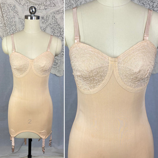 Vintage 1930's All in One Girdle | Rosey Nude Rayon Knit with Lace & Detachable Garters | Size 34 XS, S | Carter's - Daggers & Dames