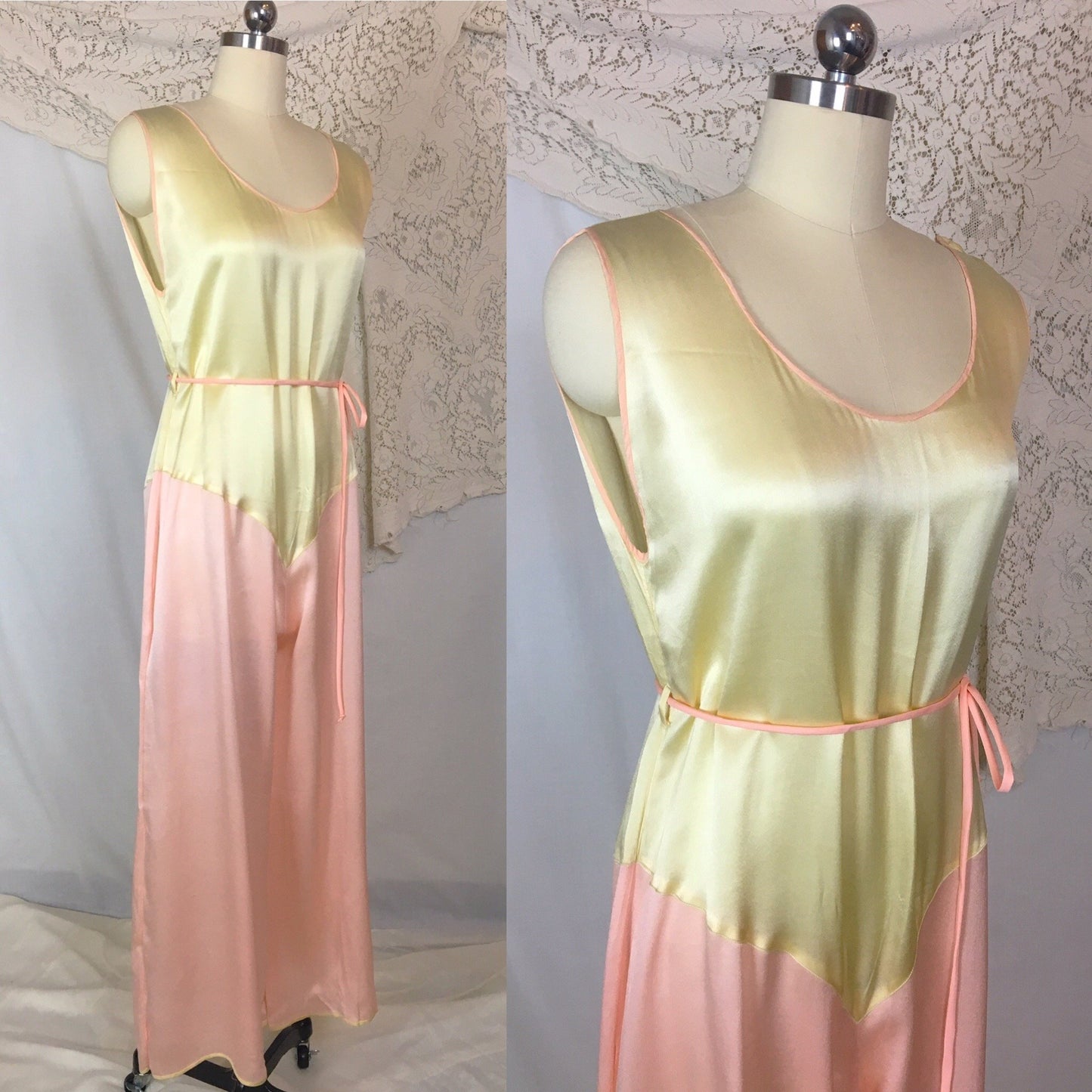 Vintage 1930's Beach Pajama Jumpsuit | Pale Yellow & Light Pink Silk | Size M - Daggers & Dames