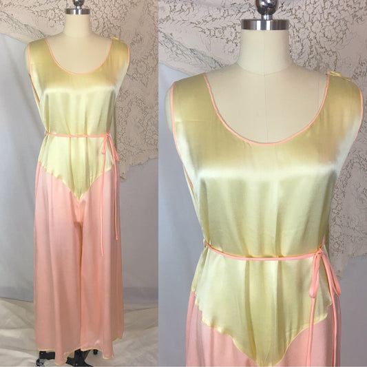 Vintage 1930's Beach Pajama Jumpsuit | Pale Yellow & Light Pink Silk | Size M - Daggers & Dames
