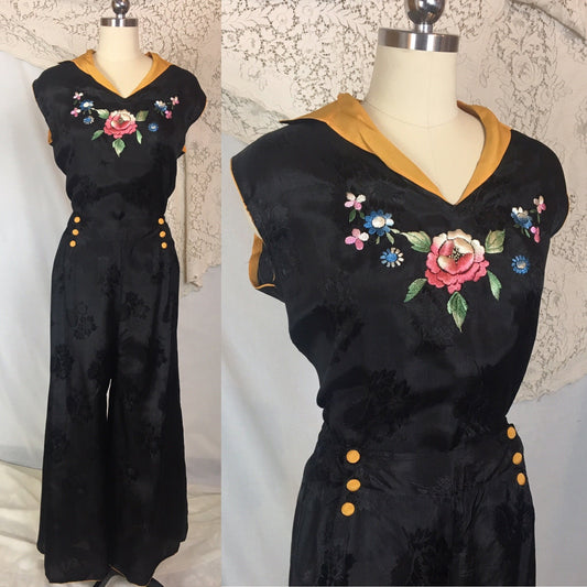 Vintage 1930's Beach Pajama Set | Black Rayon Satin Damask with Floral Embroidery | Made in Japan | Size M, LG, XL - Daggers & Dames