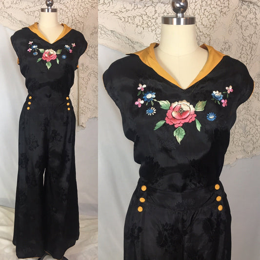 Vintage 1930's Beach Pajama Set | Black Rayon Satin Damask with Floral Embroidery | Made in Japan | Size M, LG, XL - Daggers & Dames