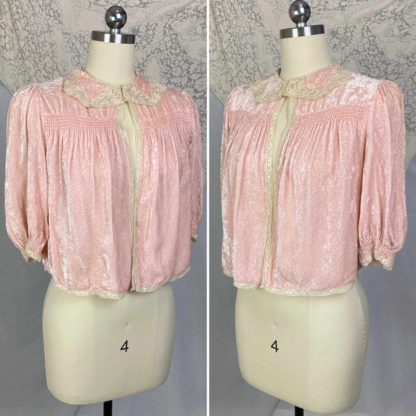Vintage 1930's Bed Jacket | Victorian Rose Pink Crushed Velvet with Ivory Lace | Size XS, S - Daggers & Dames