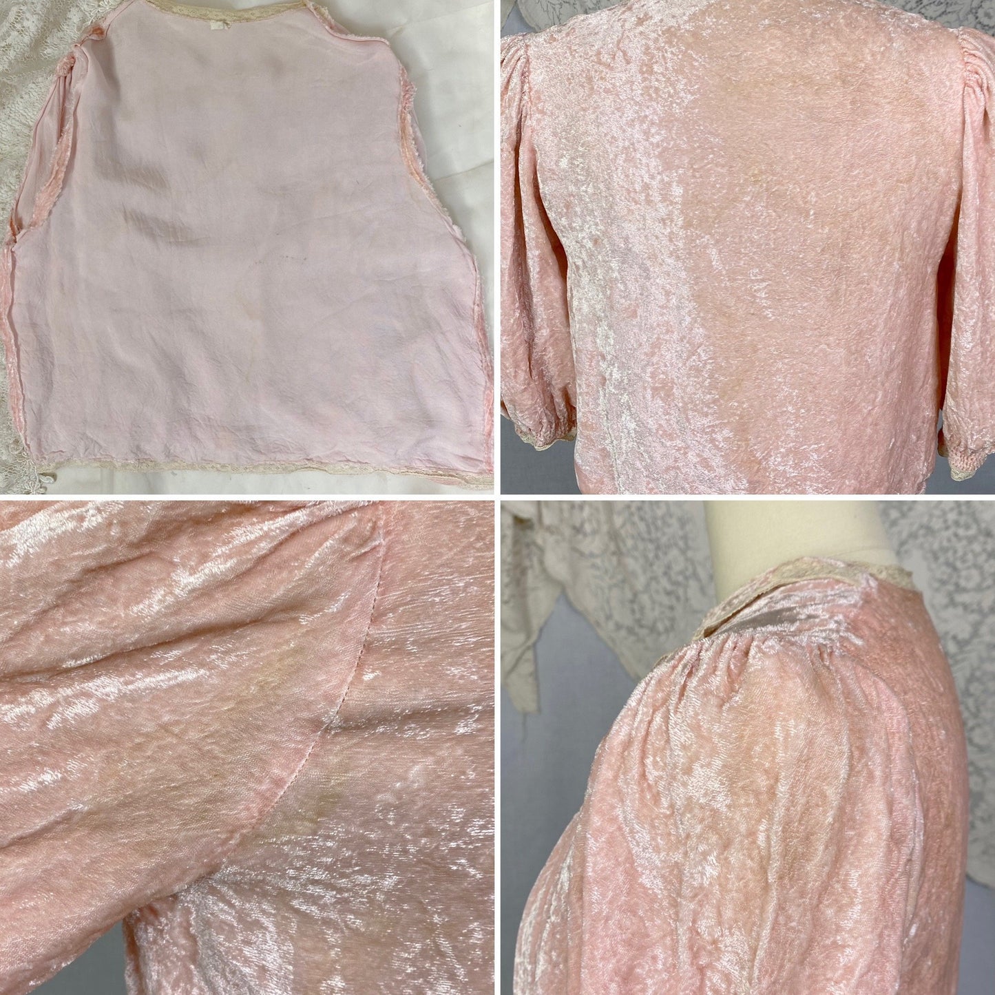 Vintage 1930's Bed Jacket | Victorian Rose Pink Crushed Velvet with Ivory Lace | Size XS, S - Daggers & Dames
