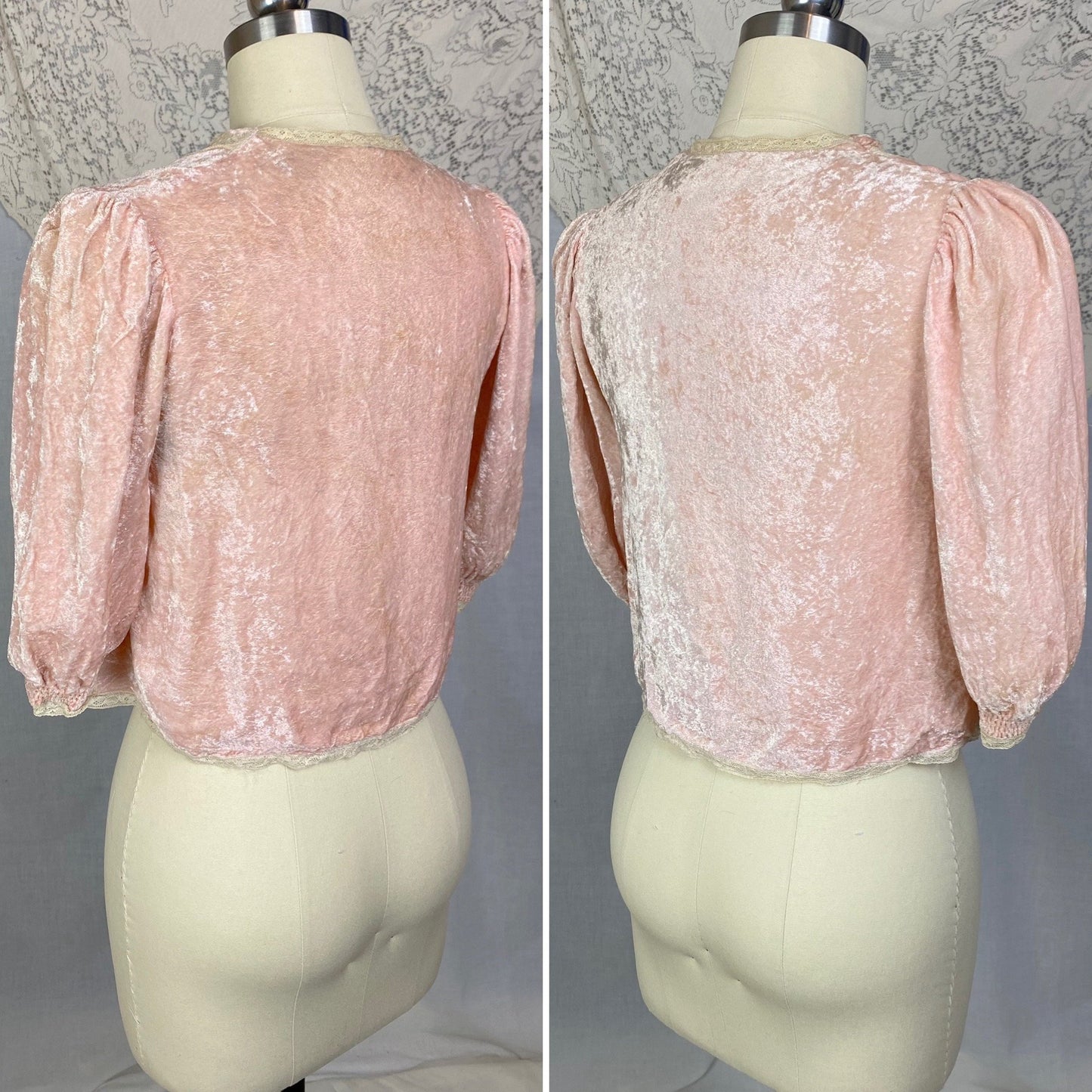 Vintage 1930's Bed Jacket | Victorian Rose Pink Crushed Velvet with Ivory Lace | Size XS, S - Daggers & Dames