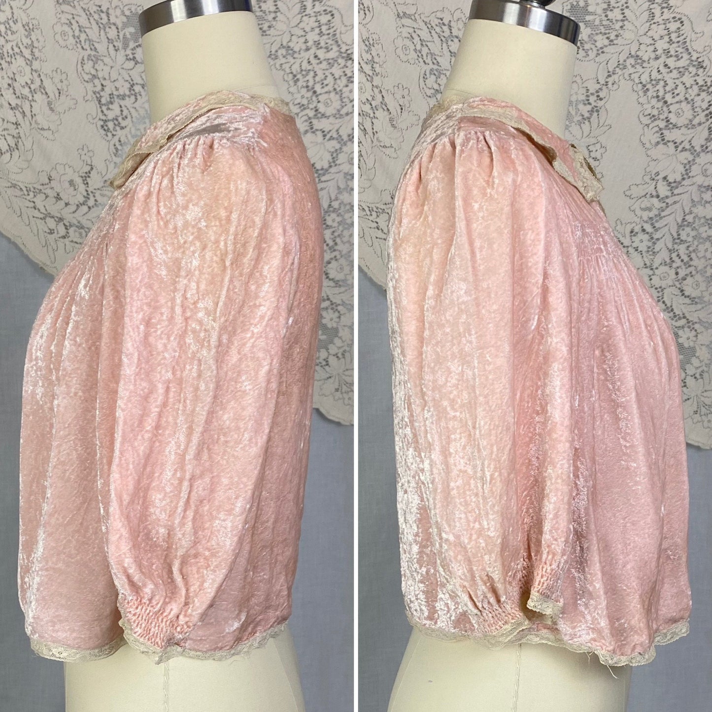 Vintage 1930's Bed Jacket | Victorian Rose Pink Crushed Velvet with Ivory Lace | Size XS, S - Daggers & Dames