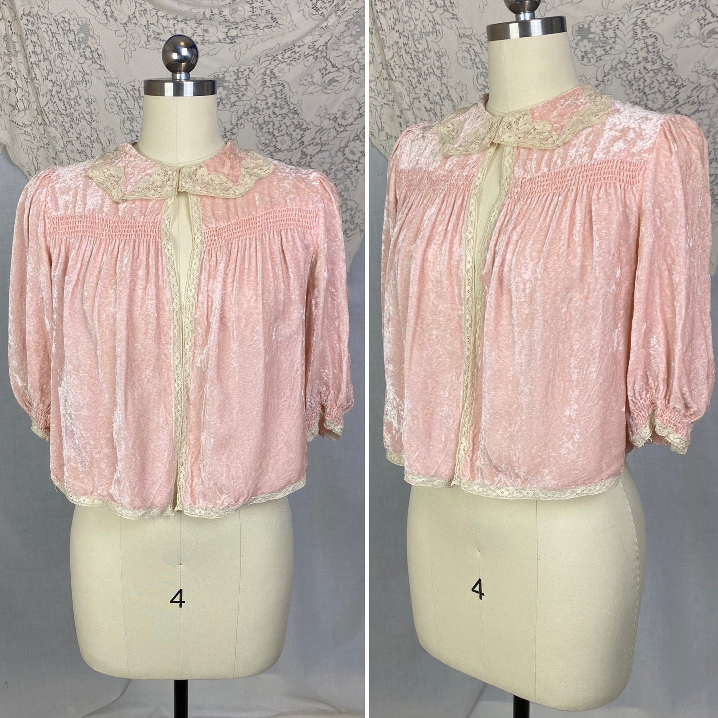 Vintage 1930's Bed Jacket | Victorian Rose Pink Crushed Velvet with Ivory Lace | Size XS, S - Daggers & Dames
