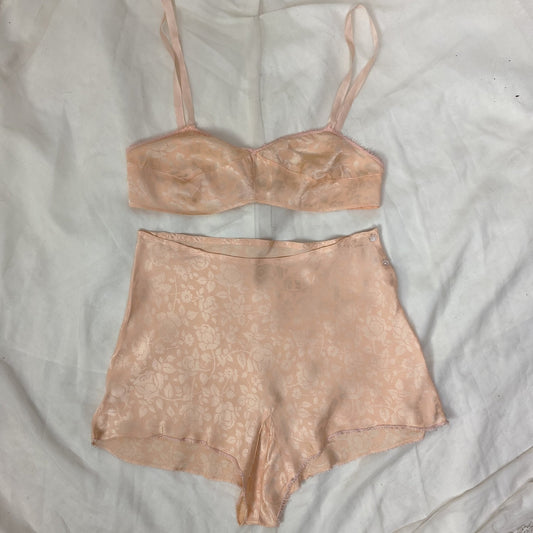 Vintage 1930's Bralette & Tap Pant Lingerie Set | Pale Peachy Pink Silk with Silver Rose Jacquard | Size S, M, 34 B - Daggers & Dames