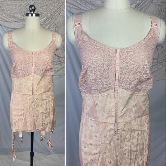 Vintage 1930's Corselette | Peach Rayon & Cotton Satin Damask with Blush Pink Lace | Smart-Form New with Original Package | Size XL, XXL - Daggers & Dames