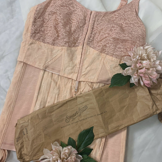 Vintage 1930's Corselette | Peach Rayon & Cotton Satin Damask with Blush Pink Lace | Smart-Form New with Original Package | Size XL, XXL - Daggers & Dames