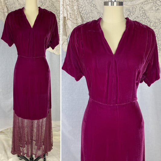 Vintage 1930's Dress | Deep Fuchsia Pink Silk Velvet with Floral Chantilly Lace | Size M - Daggers & Dames