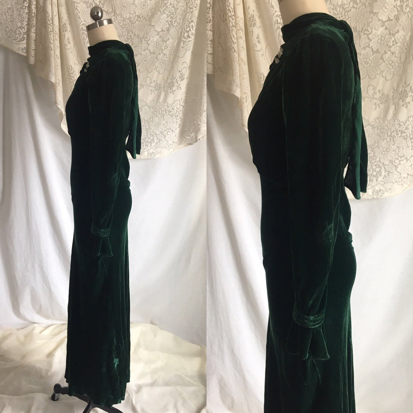 Vintage 1930's Dress | Emerald Green Velvet with Rhinestone Buttons & Open Back | Size XS - Daggers & Dames