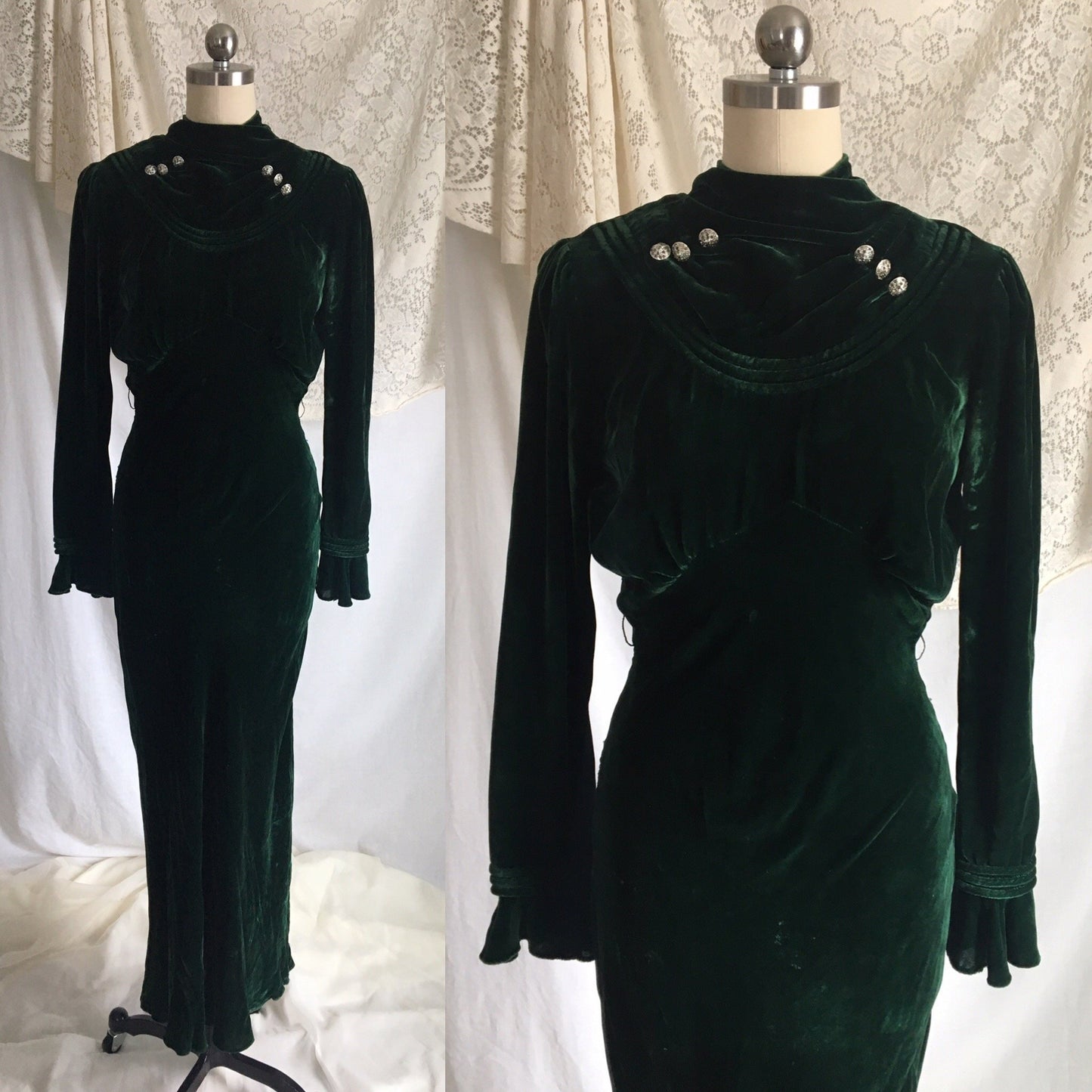 Vintage 1930's Dress | Emerald Green Velvet with Rhinestone Buttons & Open Back | Size XS - Daggers & Dames