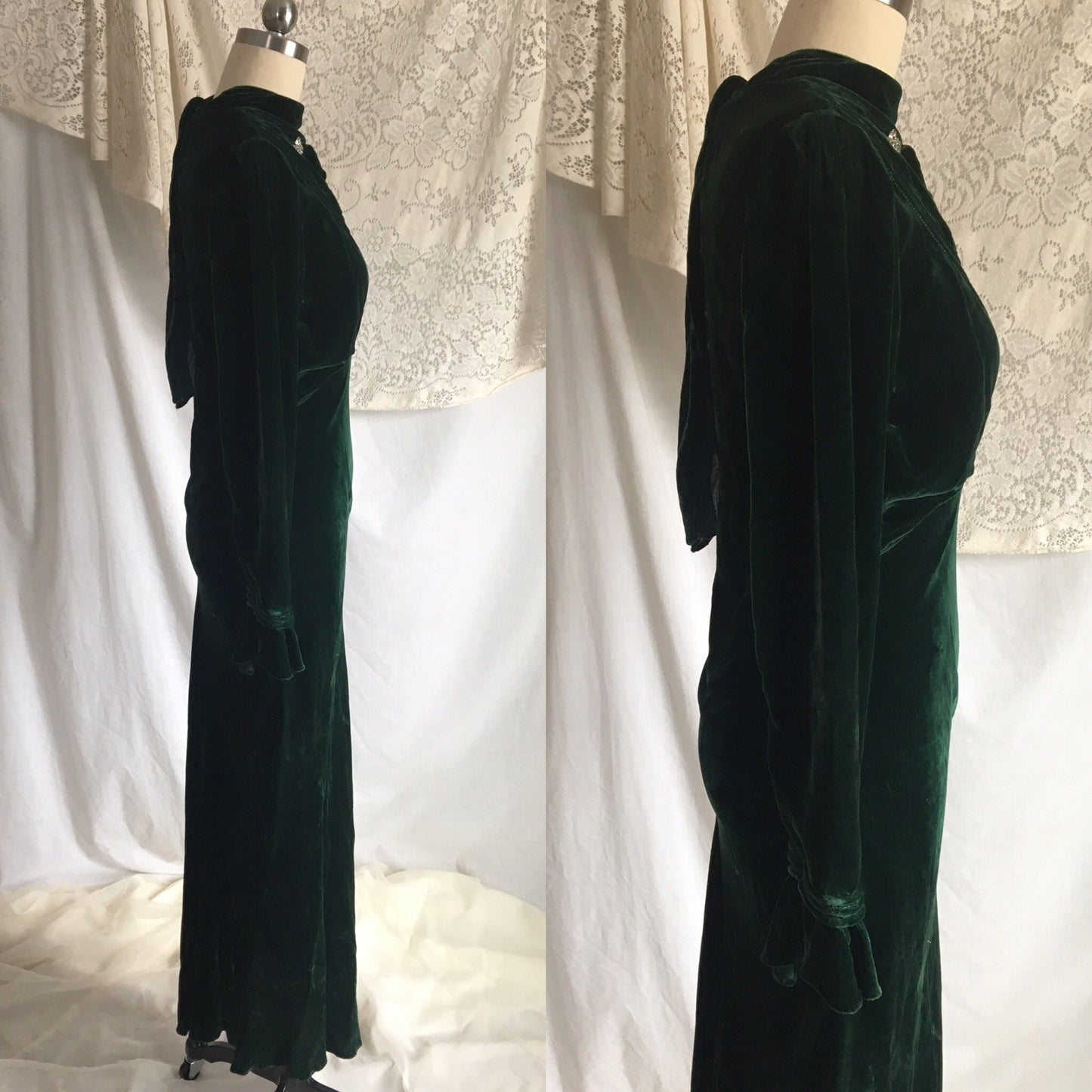 Vintage 1930's Dress | Emerald Green Velvet with Rhinestone Buttons & Open Back | Size XS - Daggers & Dames
