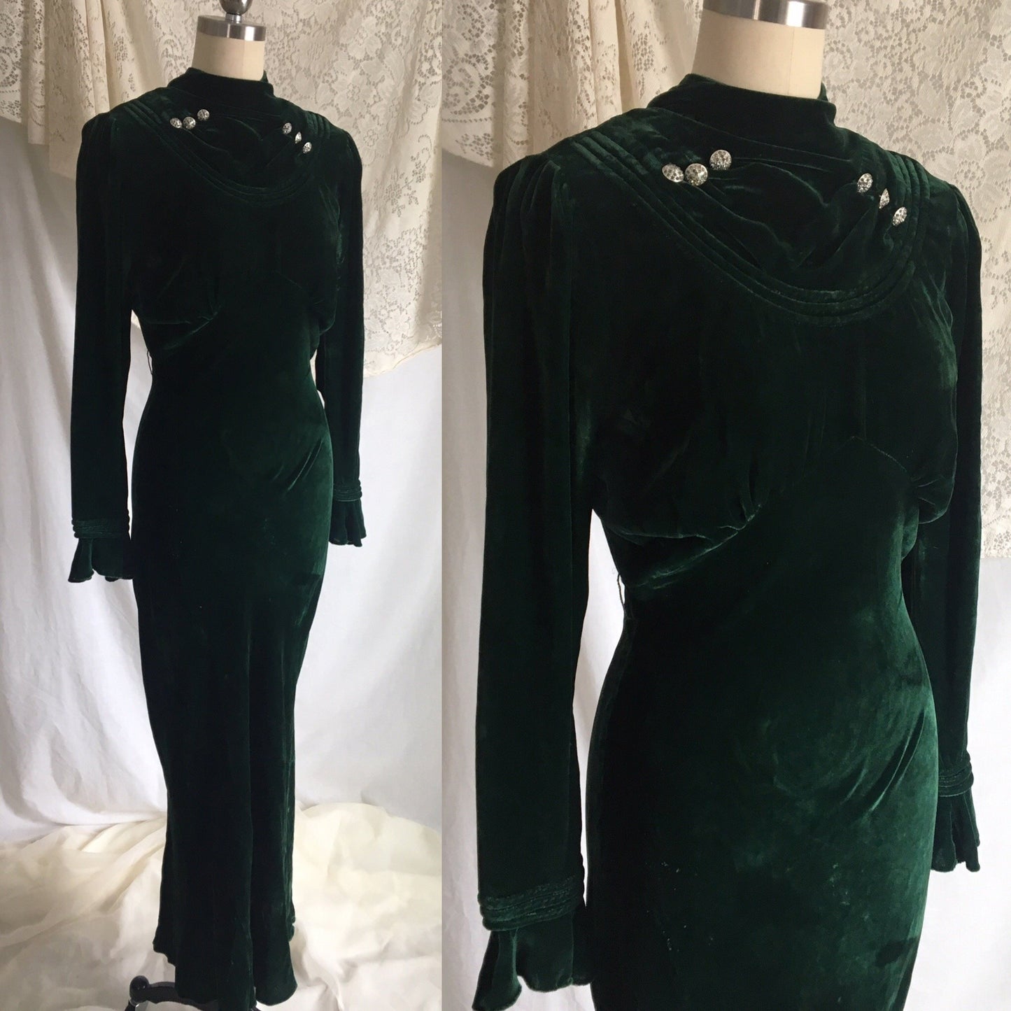 Vintage 1930's Dress | Emerald Green Velvet with Rhinestone Buttons & Open Back | Size XS - Daggers & Dames