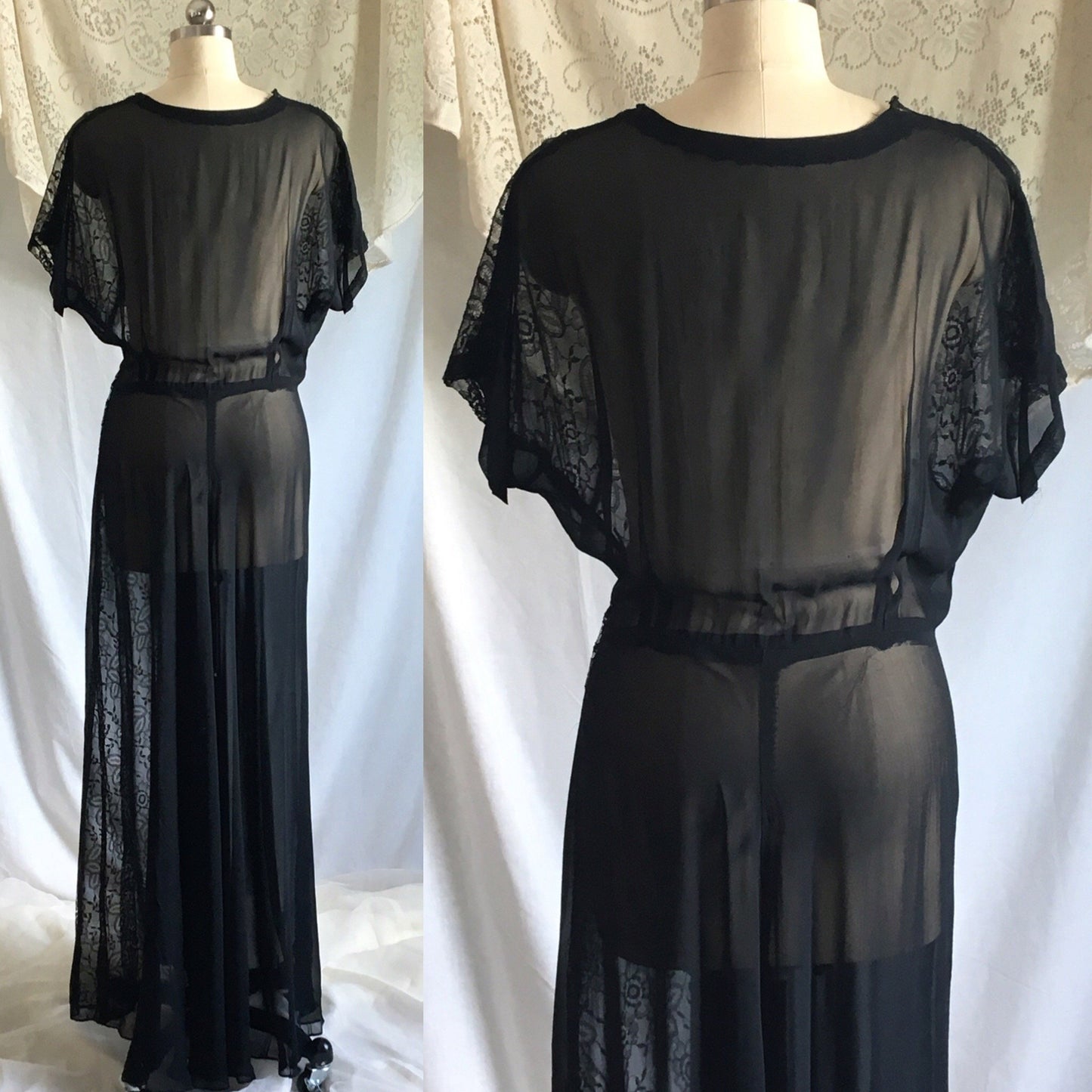 Vintage 1930's Dress | Sheer Black Rayon Chiffon with Chantilly Lace | Size Free up to XL - Daggers & Dames