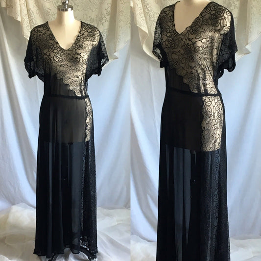 Vintage 1930's Dress | Sheer Black Rayon Chiffon with Chantilly Lace | Size Free up to XL - Daggers & Dames