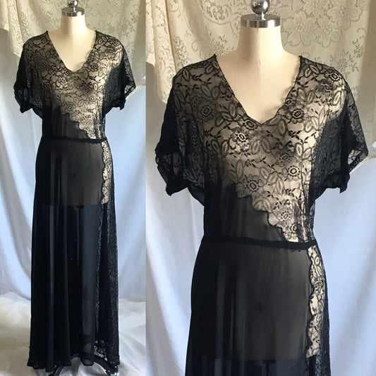 Vintage 1930's Dress | Sheer Black Rayon Chiffon with Chantilly Lace | Size Free up to XL - Daggers & Dames