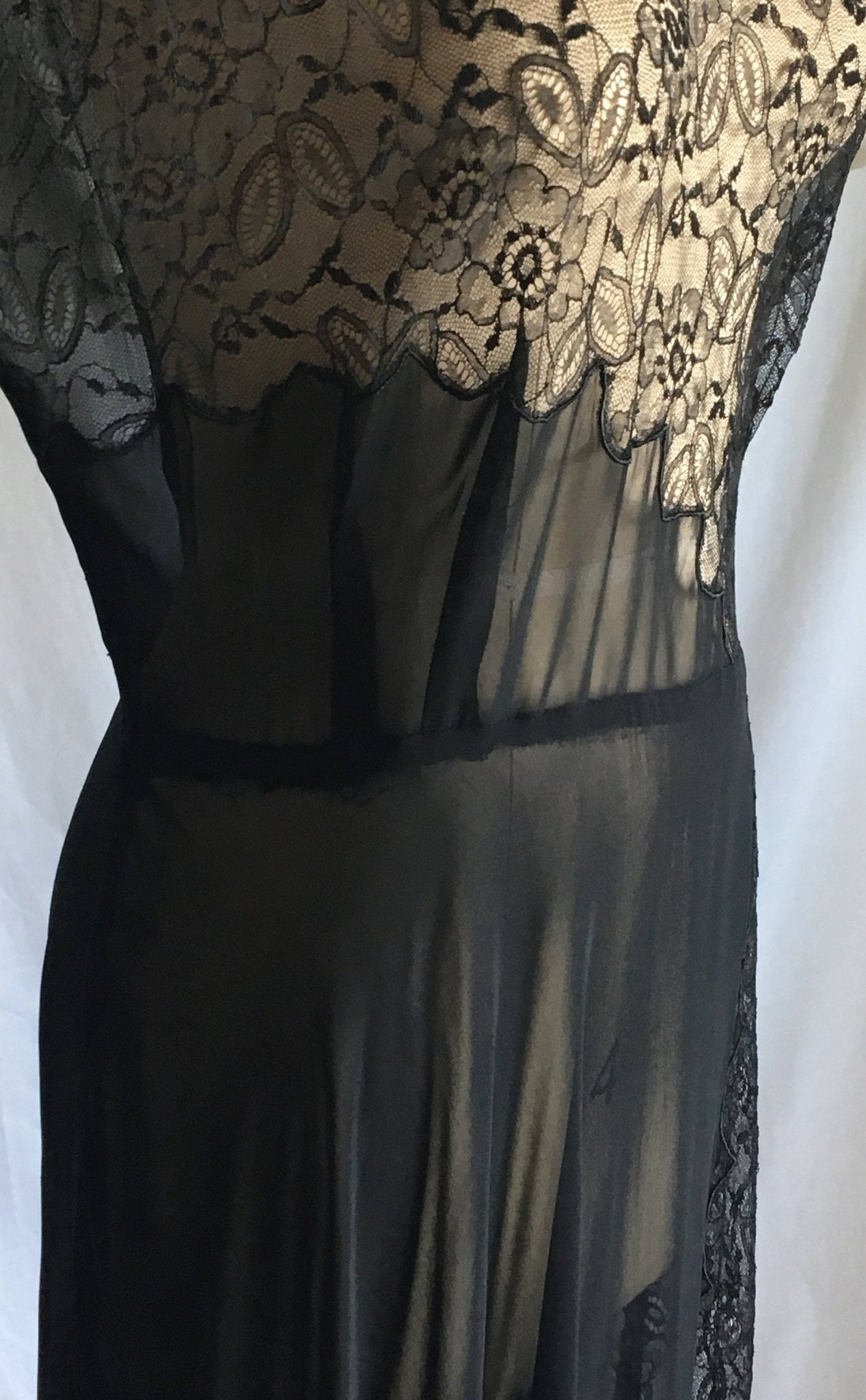 Vintage 1930's Dress | Sheer Black Rayon Chiffon with Chantilly Lace | Size Free up to XL - Daggers & Dames